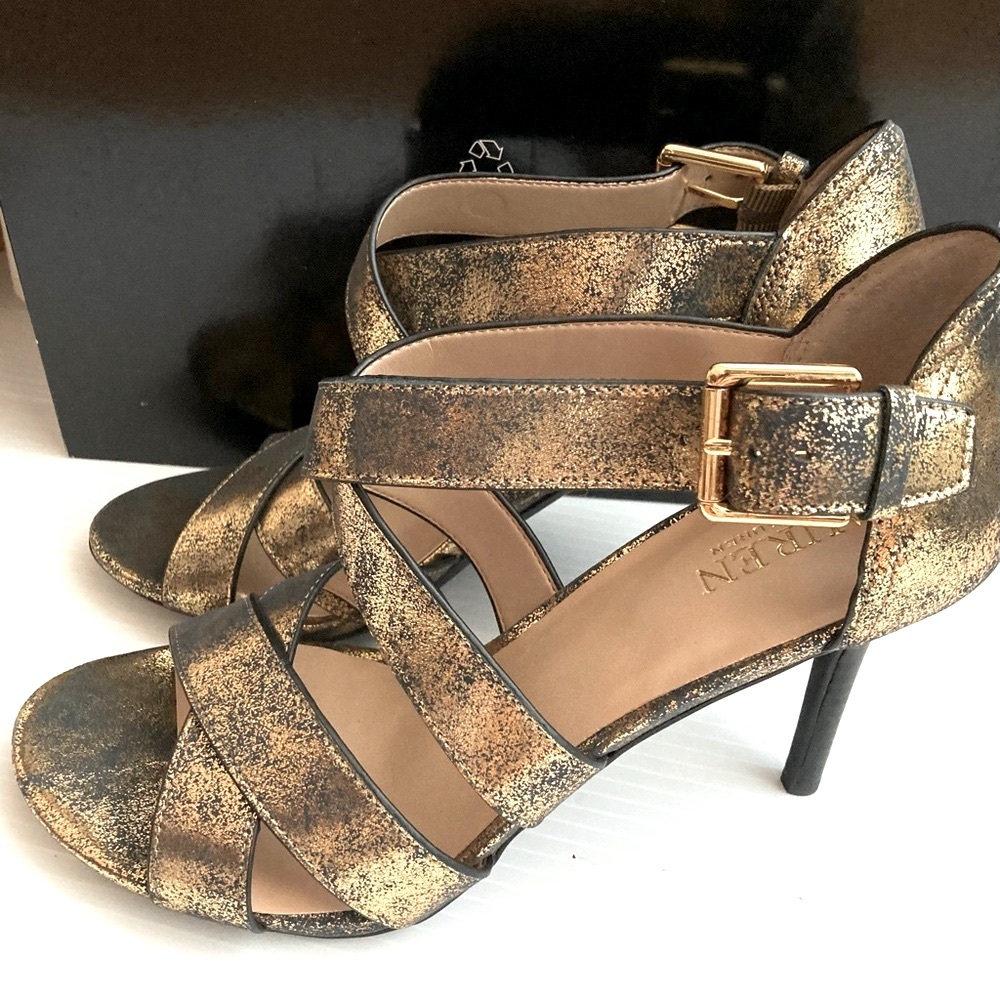 Gold heels Lauren Ralph Lauren shoes heels open toe strappy pumps gold leather